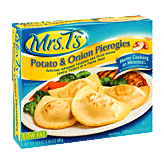 Mrs. T's Pierogies classic onion; diced onions and creamy whipped potatoes, folded in pasta shell, 12 pierogies Left Picture